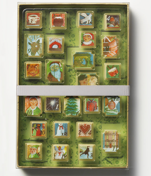 Christmas Advent Calendar by Coco Chocolate, Christmas advent calendar gift box in green with artisan chocolate