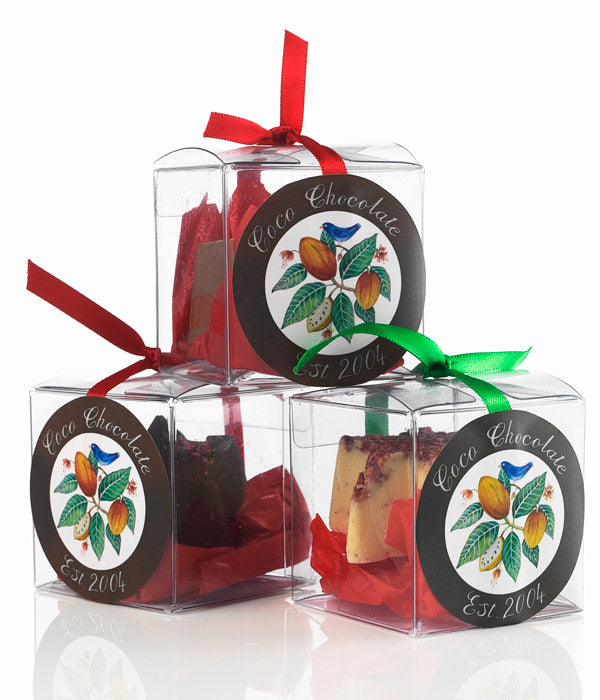 Stars Raspberry Single Cube by Coco Chocolate artisan chocolate stars cube in clear gift boxes with red ribbon
