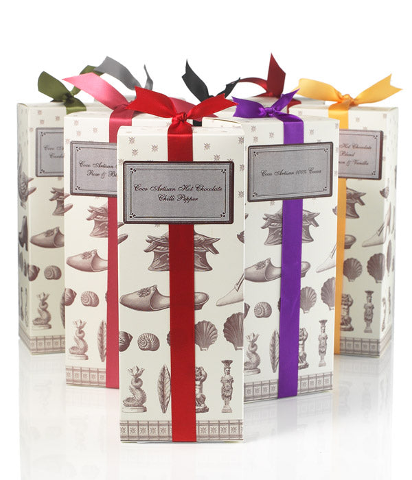 Hot Chocolate Handflaked Collection by Coco Chocolate, artisan chocolate gift box with red and purple ribbons