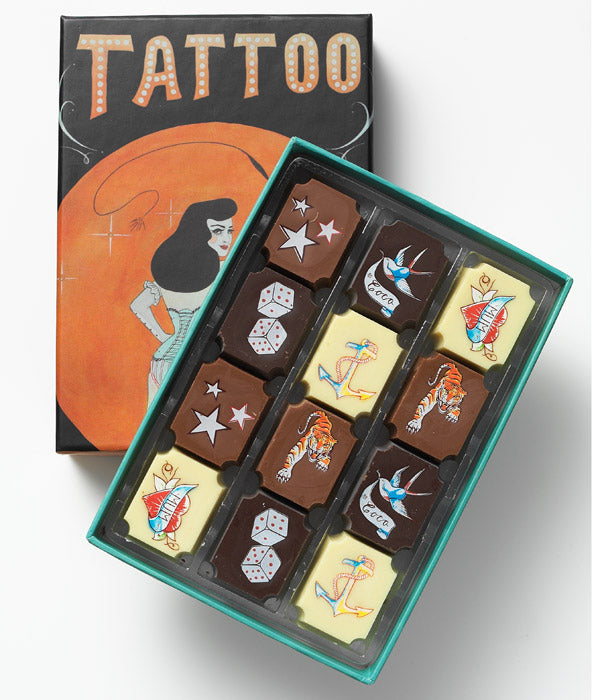 Tattoo Collection Coco Chocolate chocolate gift box with melt-away cocoa butter coating and artisan chocolate