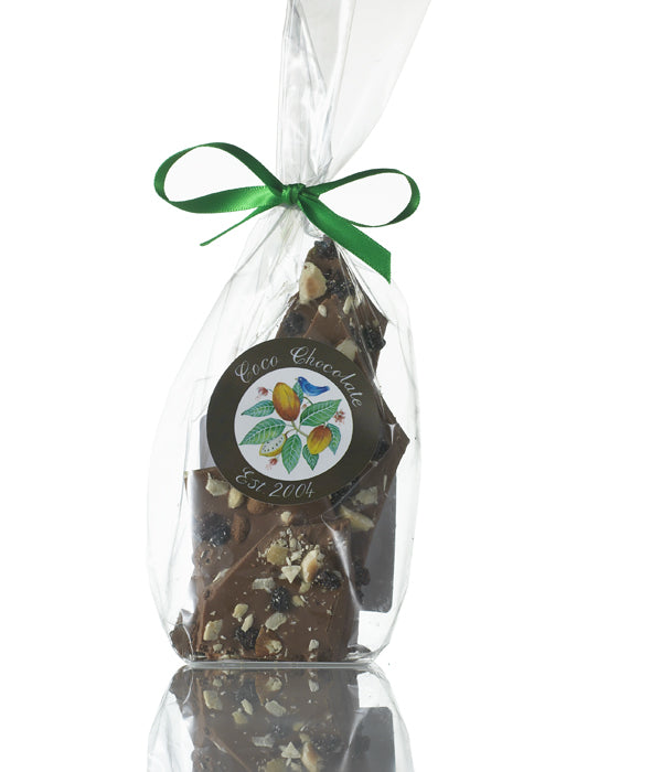 Fruit and Nut Shards by Coco Chocolate artisan chocolate shards in dark milk with roasted nuts and fruits