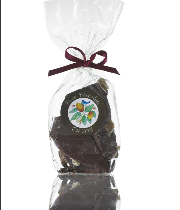Ginger Shards Coco Chocolate artisan chocolate bar in dark brown with crystallised ginger chunks under a ribbon