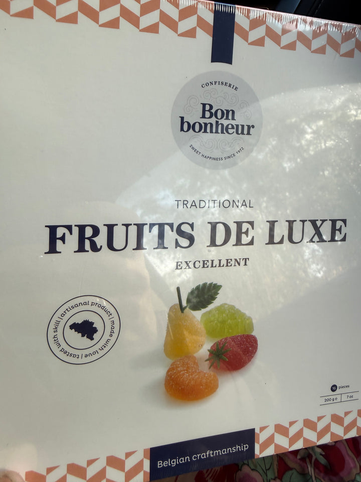 Fruit Deluxe Belgium Jelly Collection by Coco Chocolate artisan chocolate gift box on cream background with jelly sweets