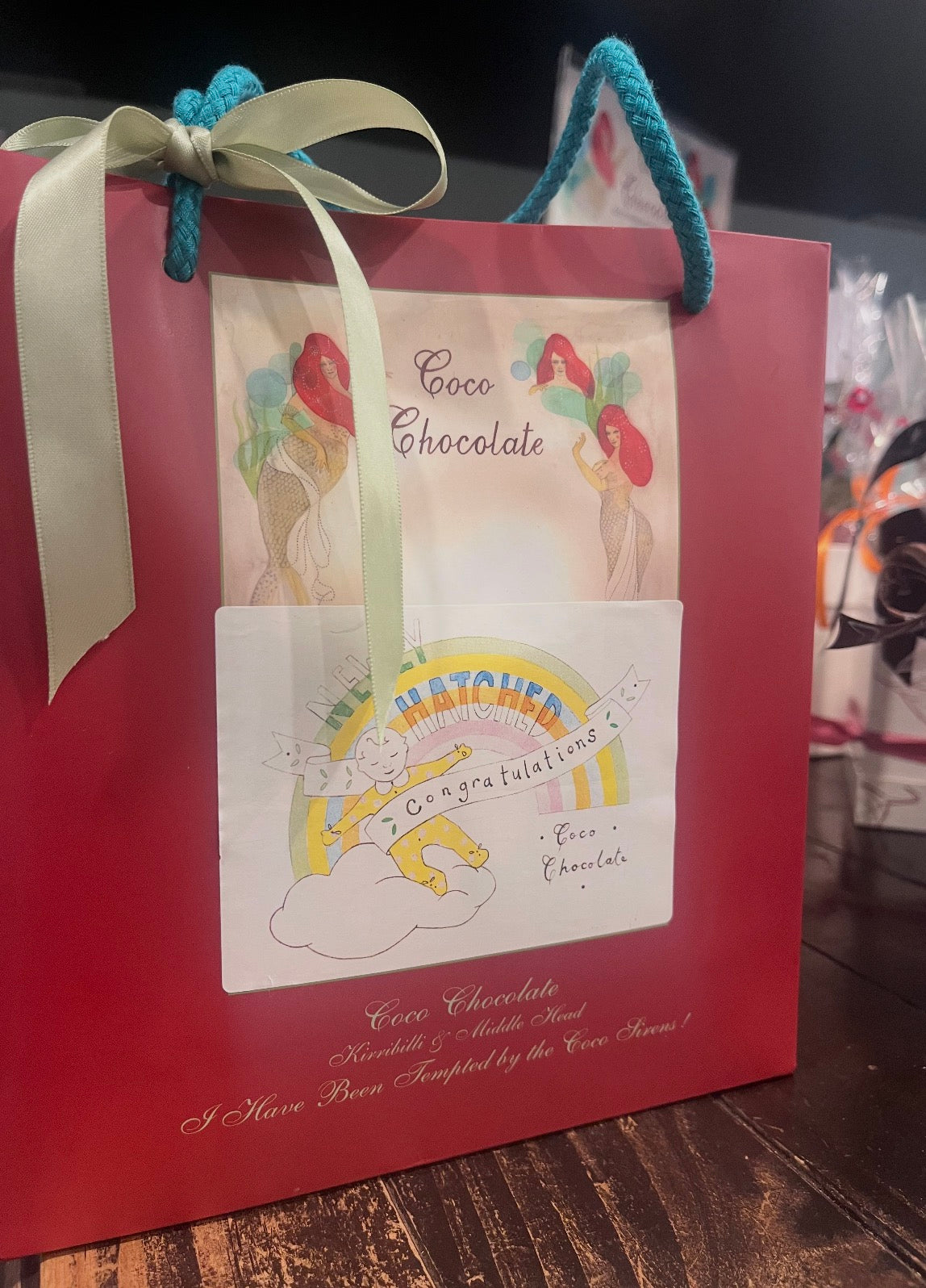 New Born Baby Gift Bag Hamper Coco Chocolate artisan chocolate and coco chocolate in red gift bag