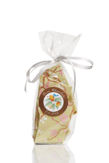 Matcha Green Tea and Jasmine Shards by Coco Chocolate artisan chocolate shards gift bar in wild harvest green
