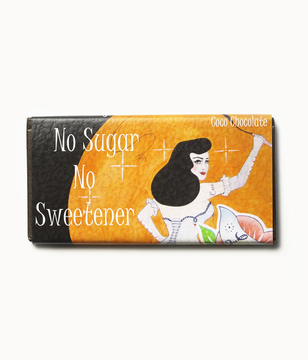 No Sugar No Sweetener 99% Cacao Mass – Hazelnut and Seasalt chocolate bar in orange and black wrapper by Coco Chocolate