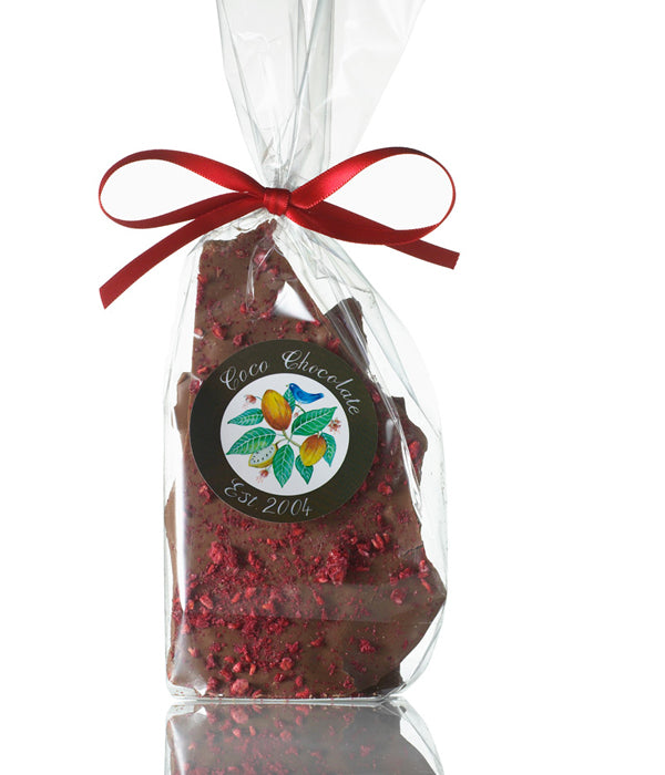 Raspberry Shards by Coco Chocolate artisan chocolate bar shards with raspberry pieces in dark red foil bag