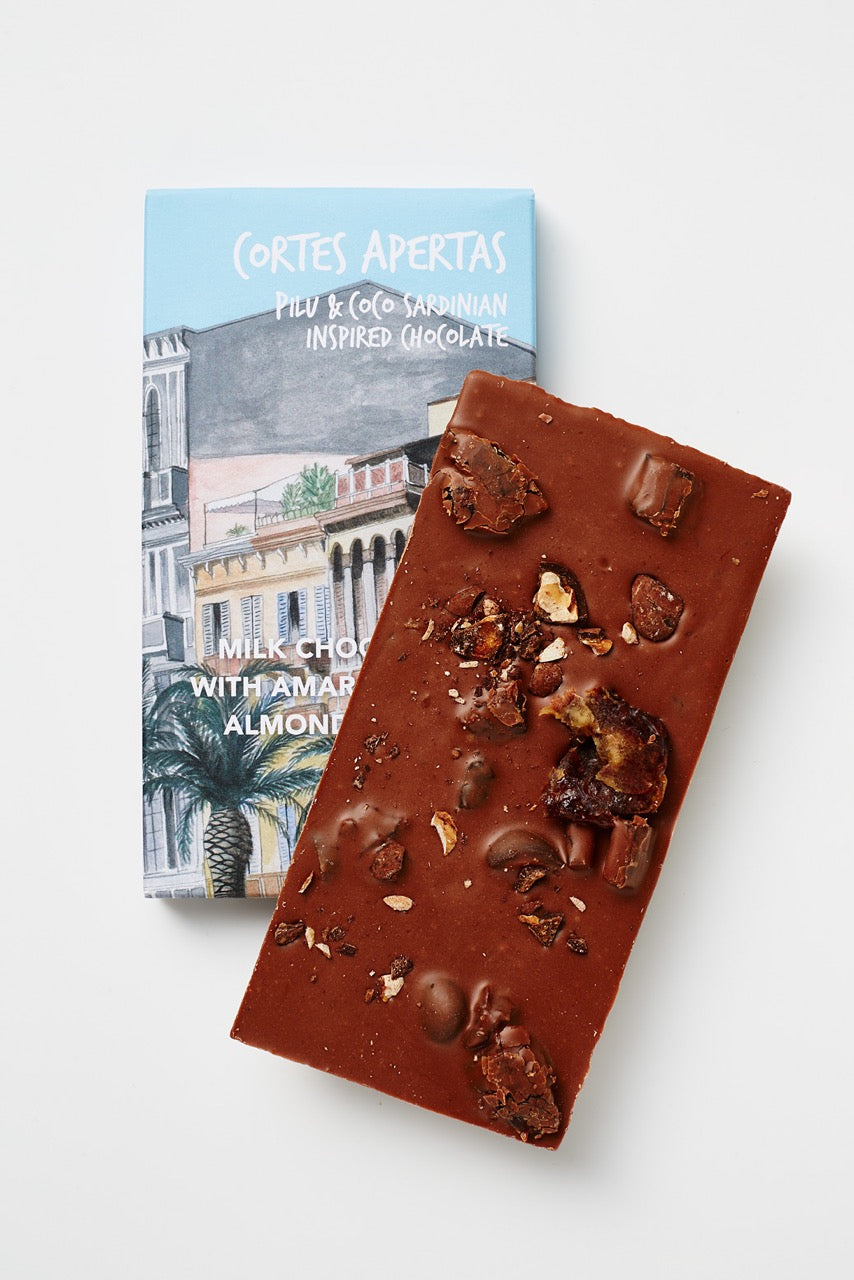 Pilu Milk Almond Date Amaro Honey by Coco Chocolate artisan chocolate bar in milk chocolate with almond and date