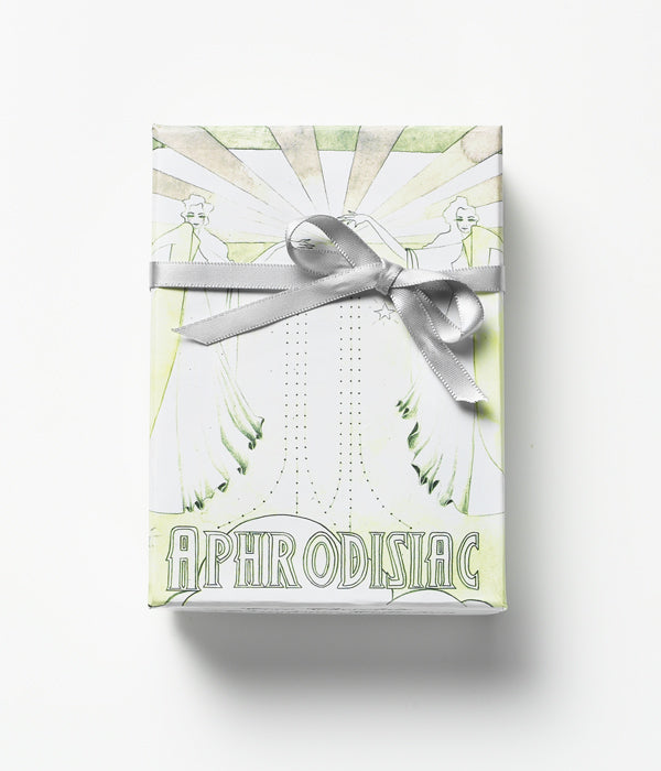 Aphrodisiac Box by Coco Chocolate artisan chocolate gift box range, silver ribbon and green botanical design