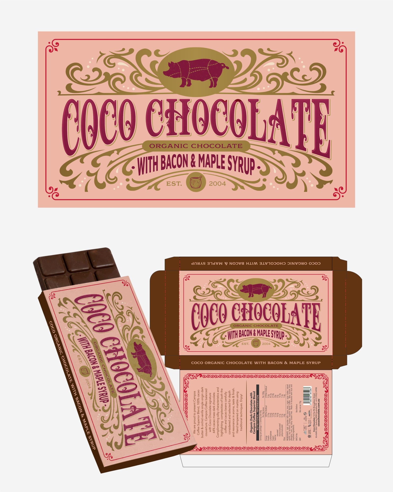 Bacon Maple Syrup Bar by Coco Chocolate artisan chocolate bar with real Australian bacon pieces