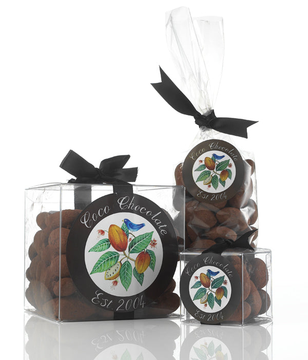 Coco Cocoa Dusted Almonds by Coco Chocolate in clear gift box and ribbon bag, chocolate almonds cubes