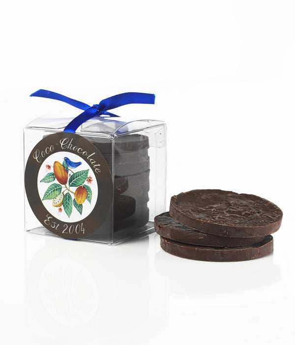Rum and Raisin Cube by Coco Chocolate artisan chocolate cube with dark chocolate and cocoa and raisin filling