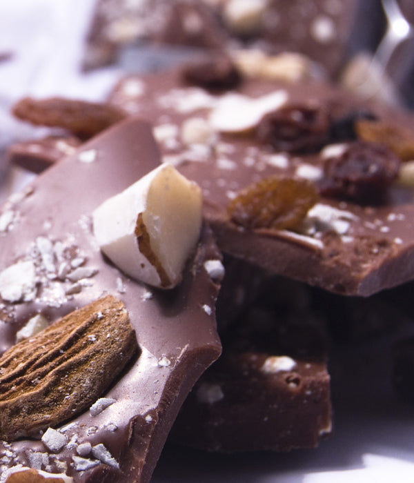 Fruit and Nut Shards by Coco Chocolate in artisan chocolate shards with roasted nuts and fruits, 100 gram