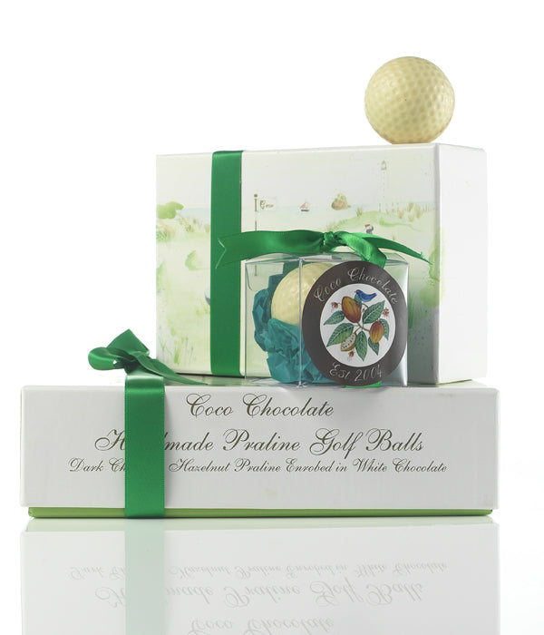 Golf Collection Praline Golf Balls by Coco Chocolate in gift box range, artisan chocolate with hazelnut praline filling