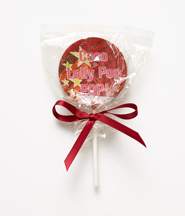 Rainbow Lollipop Coco Chocolate artisan chocolate sweet on a white wrapped stick with red ribbon