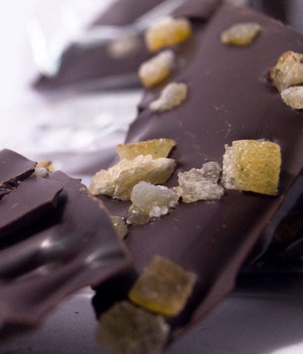 Orange Shards by Coco Chocolate artisan chocolate bar in dark cocoa with orange blossom oil and rind decoration