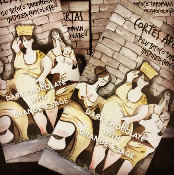 Pilu Dark Orange and Sage Coco Chocolate artisan chocolate bar with illustrated women on dark chocolate wrappers