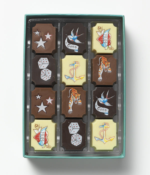 Tattoo Collection by Coco Chocolate chocolate gift box with melt-away cocoa butter coating, artisan chocolate